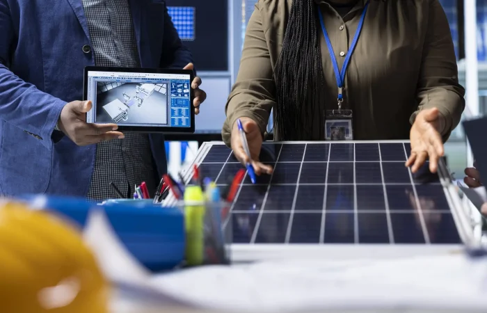 Photovoltaics factory investors evaluating solar panel structure design, addressing technical considerations and innovations for advancing clean energy technology, close up shot